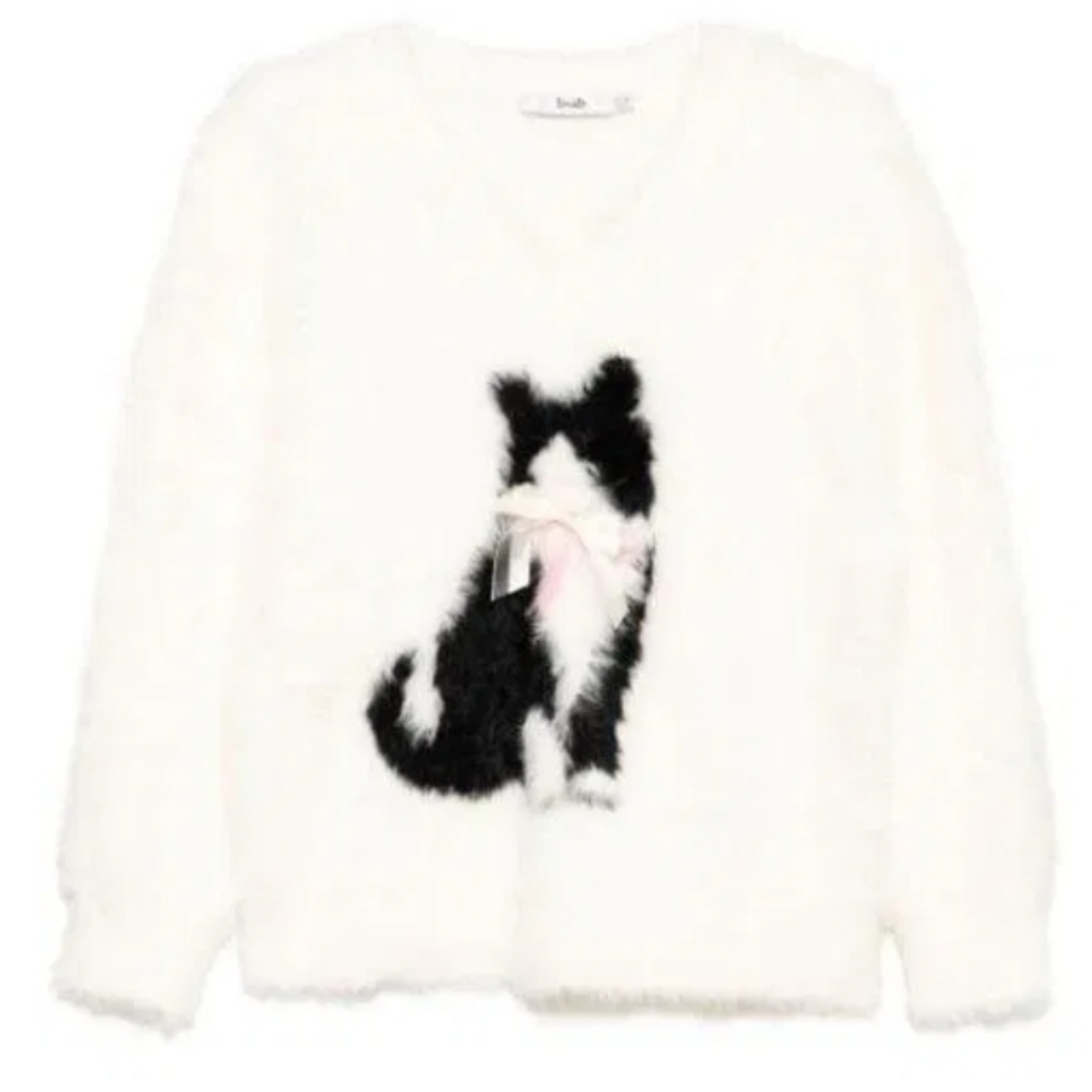 B+AB Fuzzy White Sweater‎ with Black Cat Design XS